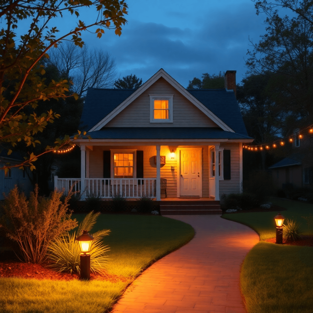 Charming house at dusk with warm lights, surrounded by greenery and a welcoming pathway in a peaceful small-town setting.