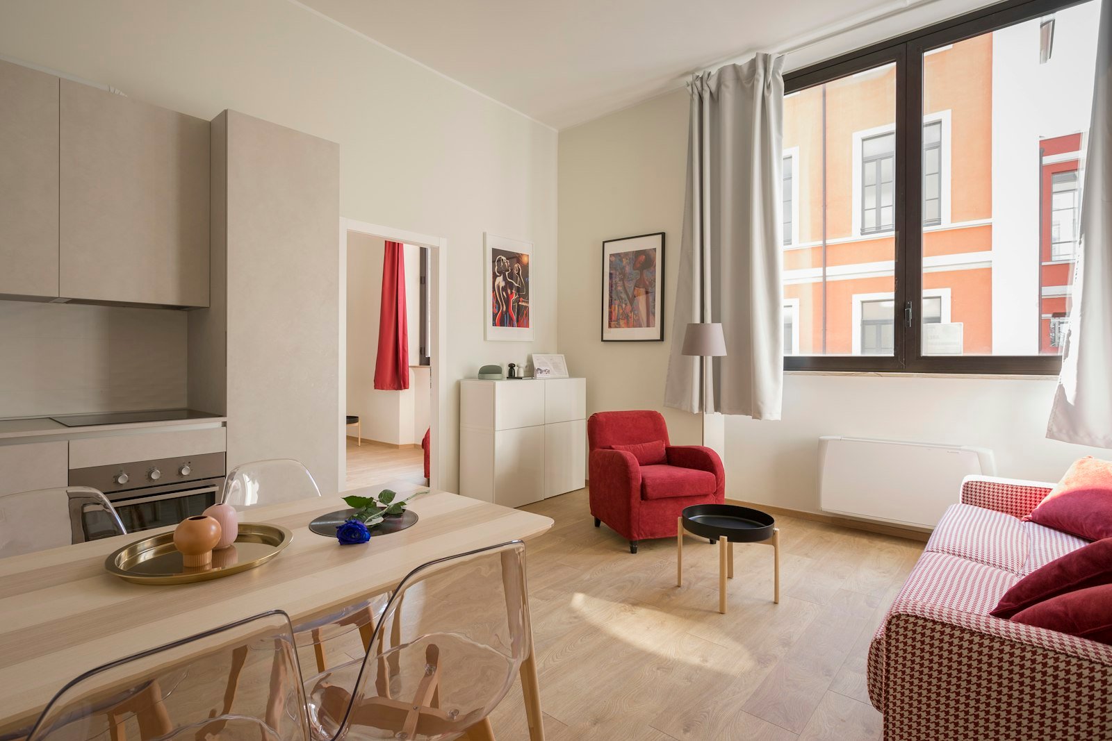 Comfort-focused temporary housing setup with workspace and natural light