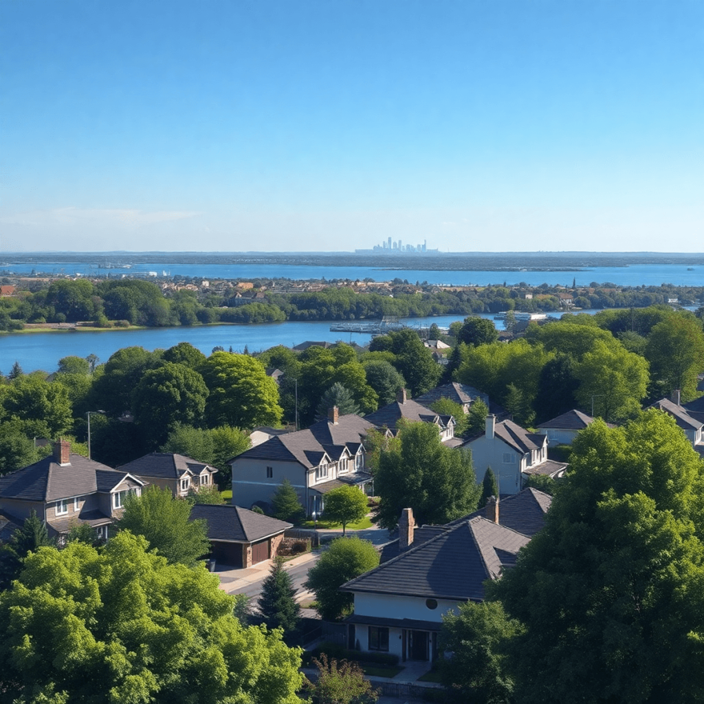 Modern suburban houses by a calm river, surrounded by green trees, with a distant military base silhouette under a bright blue sky.